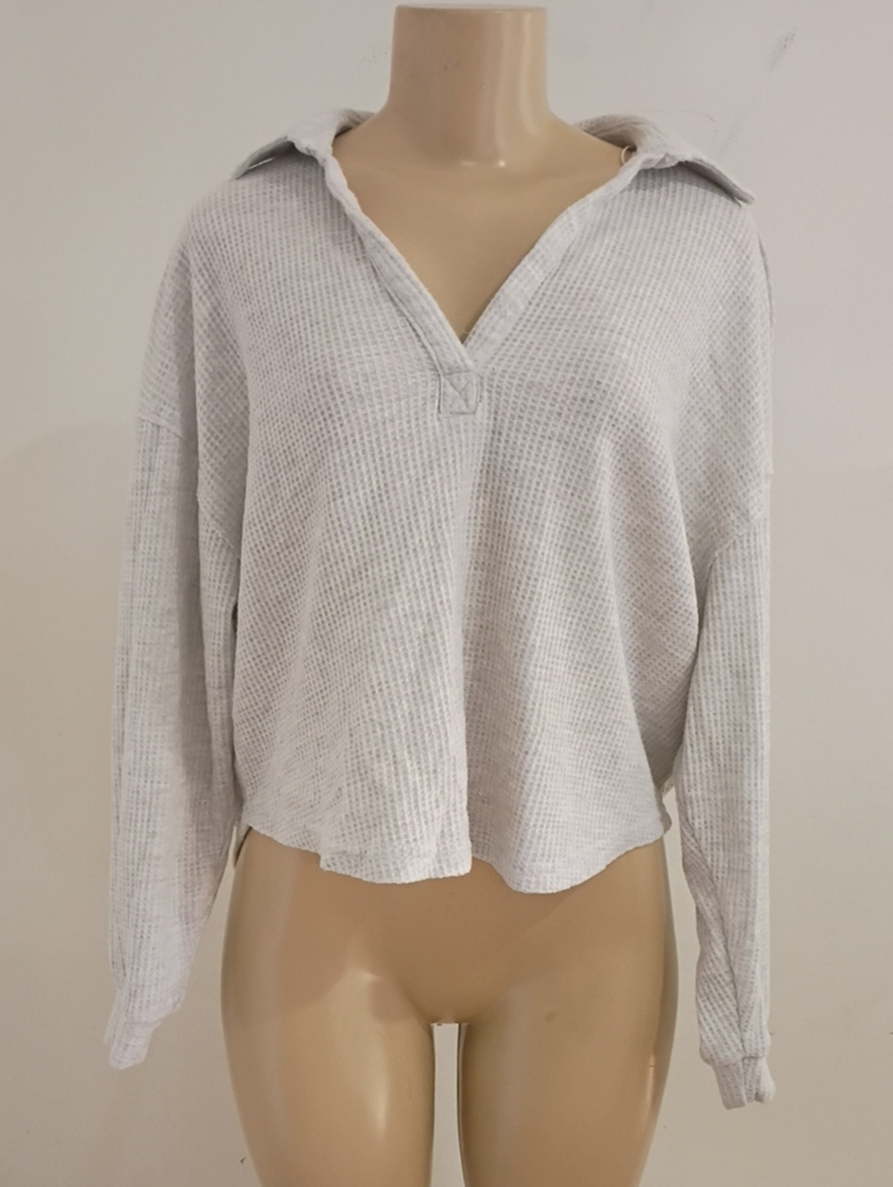 Light Grey Waffle V-Neck Collared Pullover Sweater